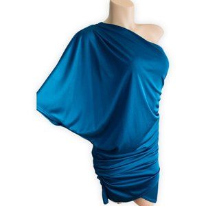 Teal One Shoulder Mini Dress Metallic Ruched Party Cocktail S